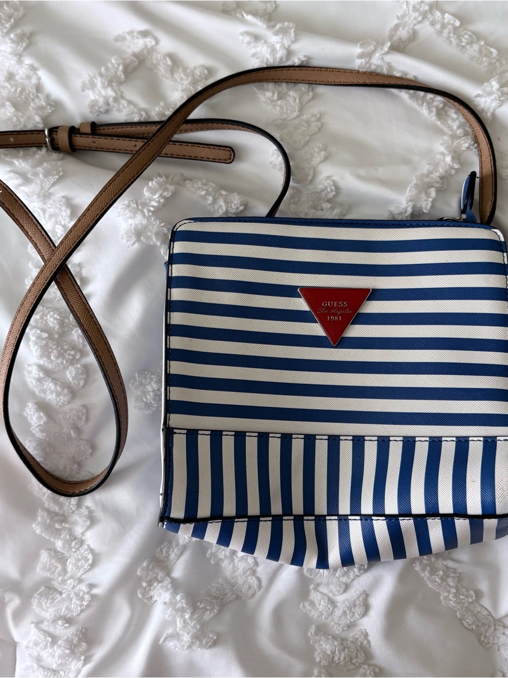 GUESS Blue & White Striped Crossbody with Tan Strap and Red Logo